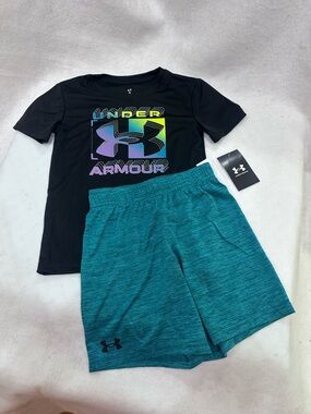 Boy’s Under Armour Black Tee with Multicolor Logo and Teal Shorts